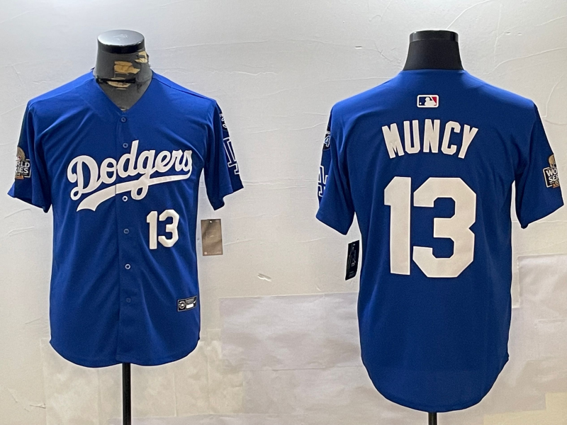 Men Los Angeles Dodgers 13 Muncy 2024 World series patch blue jersey 20241120145